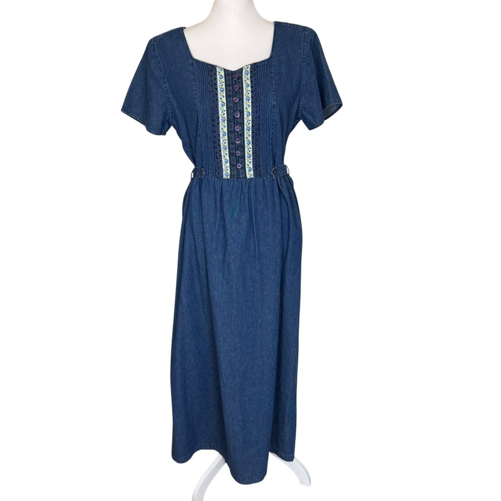Erika‎ Vintage Denim Midi Dress Blue Floral Embroidered Cottagecore Women Small